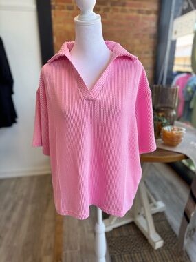 Simply Southern Pink Waffle Knit Collared V-Neck Top